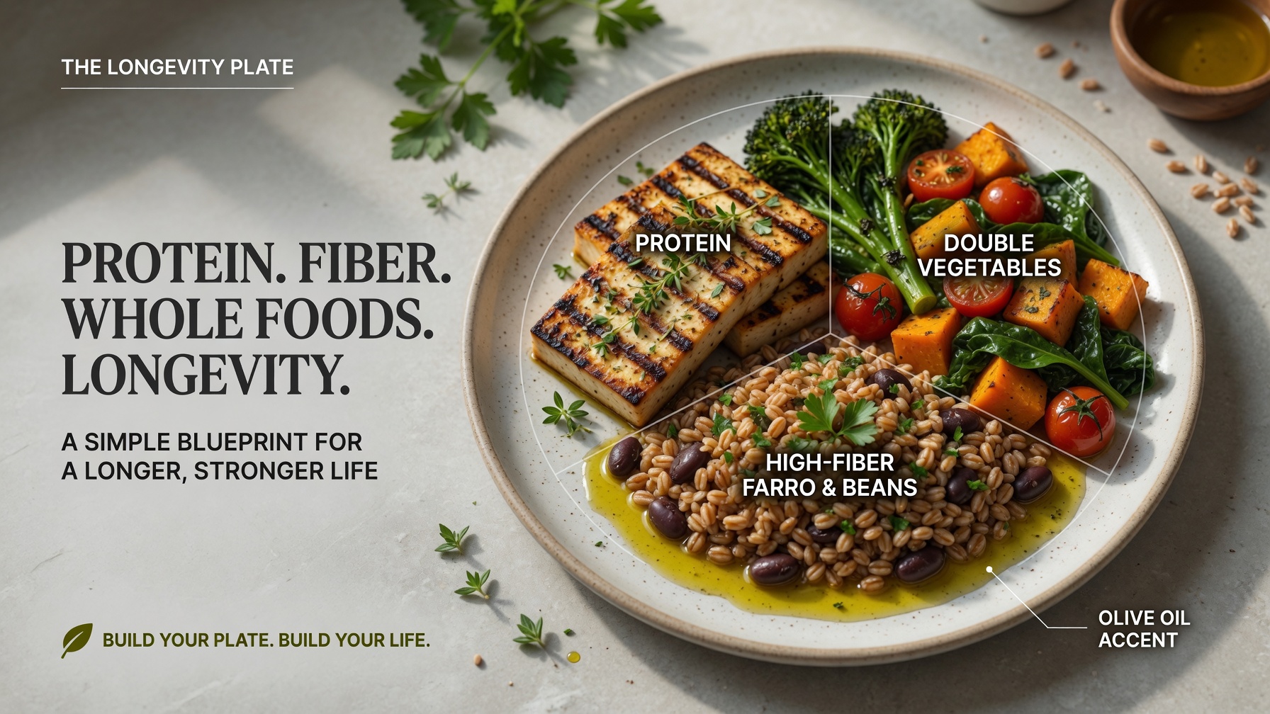 Illustration for: How to Build a Longevity Plate: Protein, Fiber, and Whole Foods